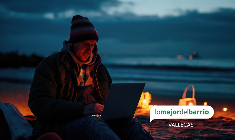 Hombre navegando por internet en una playa en plena noche